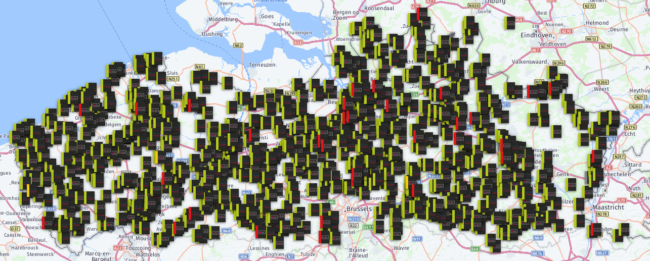 PRTG geomap that shows all the locations that Aquafin monitors in Flanders