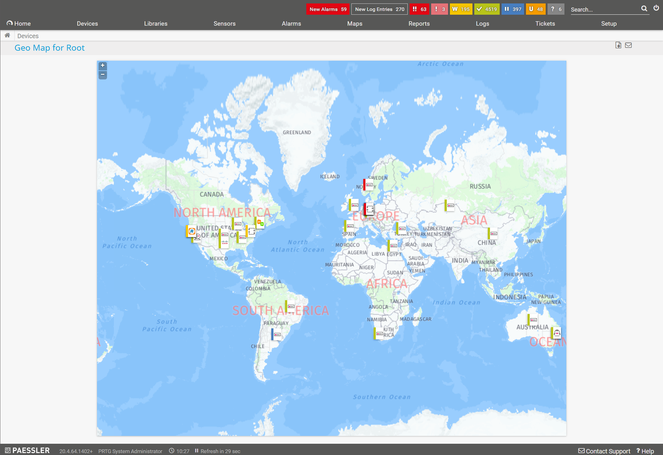 Mapa personalizado do PRTG, mostrando o status dos locais distribuídos