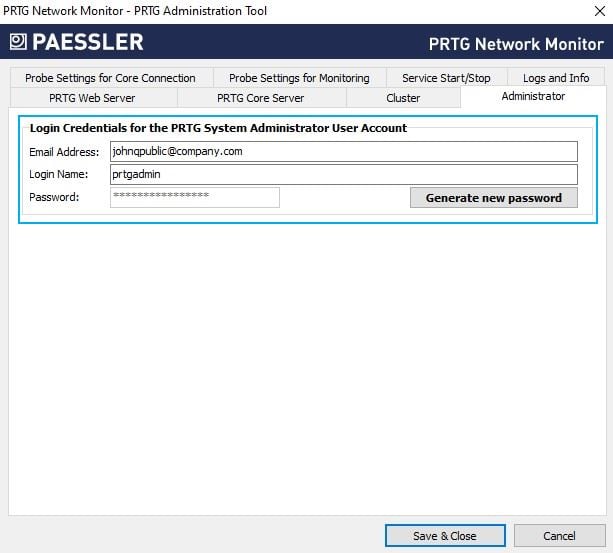 Credentials in the PRTG Administration Tool of the new server